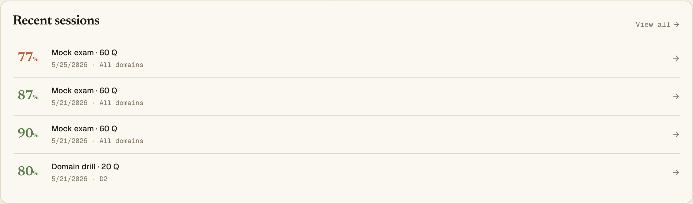 Recent sessions list